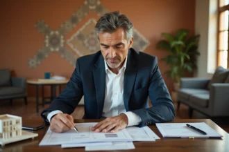 Acheteur français examinant des documents fiscaux pour l'acquisition d'un appartement à Marrakech