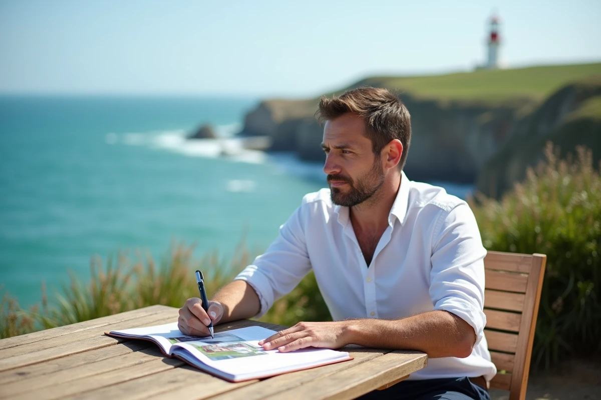 Homme prenant des notes sur une offre d'achat immobilier dans un jardin en bord de falaise avec vue sur la mer