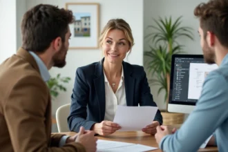 Agente immobilière de l'agence Dumoulin 87 à Limoges présentant un mandat et les frais à ses clients dans un bureau professionnel