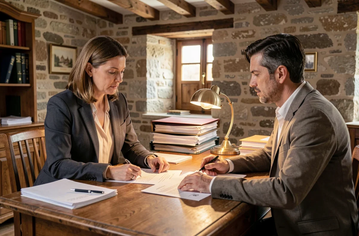 Agent immobilier et client signant un contrat de location dans un bureau notarial rustique en Creuse