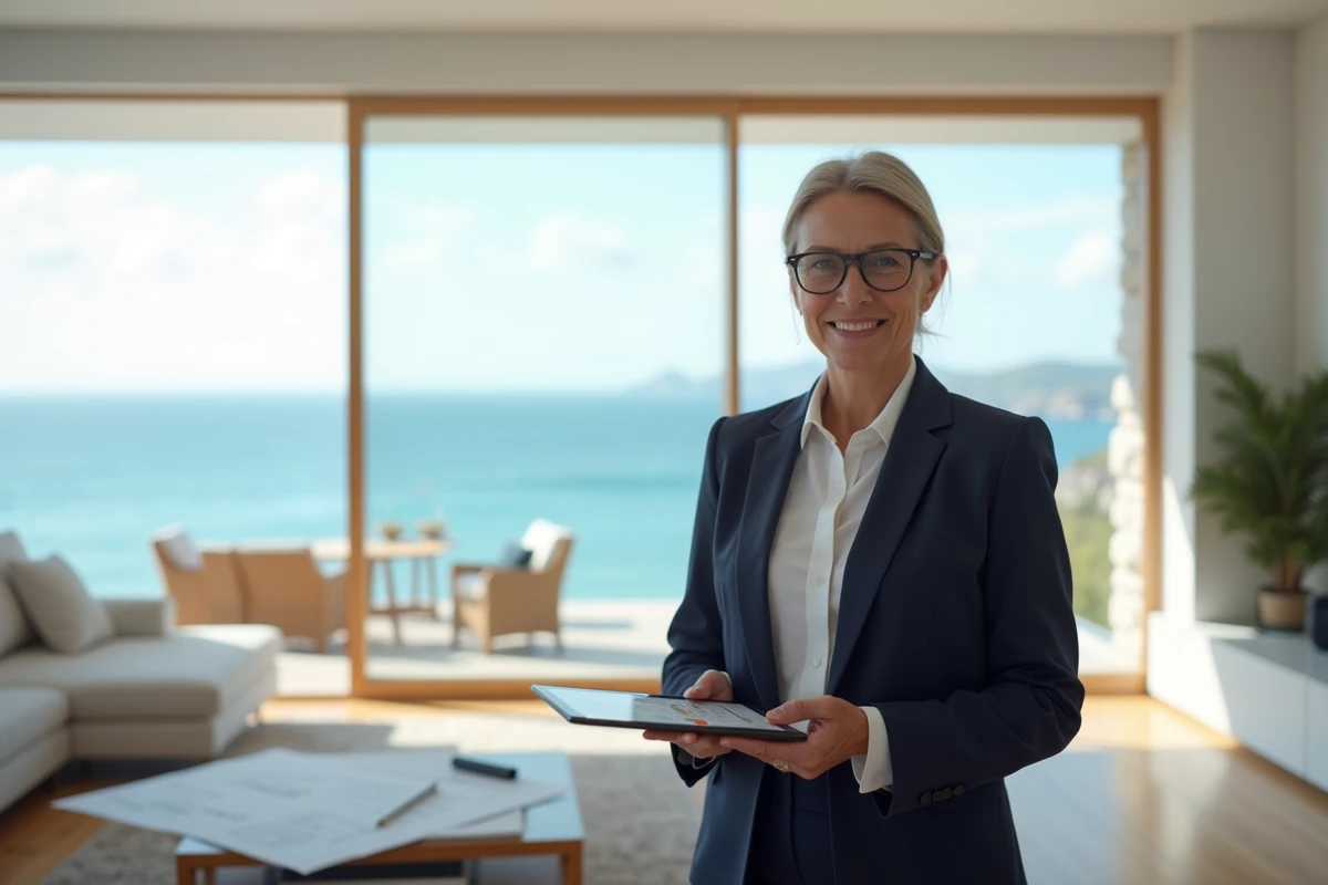 Agent immobilière présentant une estimation de prix dans le salon d'une maison avec vue sur la mer