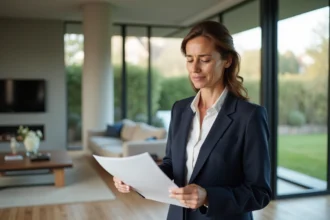 Agent immobilière analysant des documents d'estimation de maison dans un salon moderne, erreurs d'évaluation immobilière