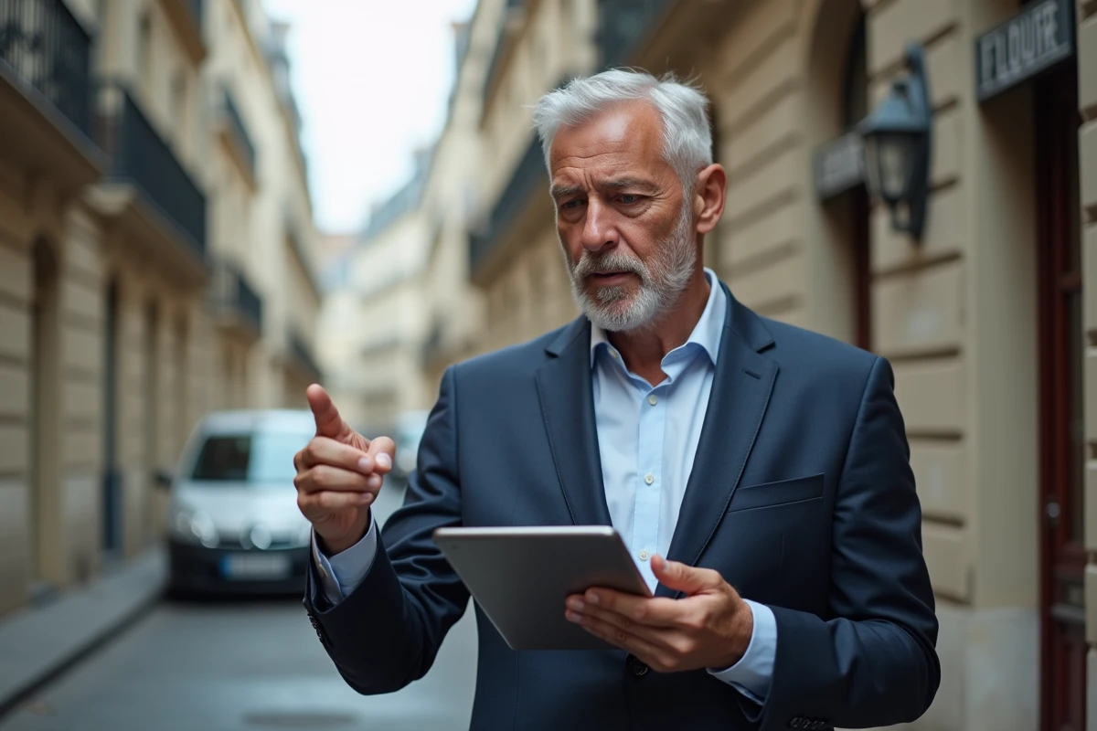 Agent immobilier expliquant la révision du loyer et l'IRL devant un immeuble locatif parisien