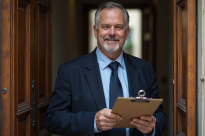 Agent immobilier parisien tenant un clipboard devant un immeuble