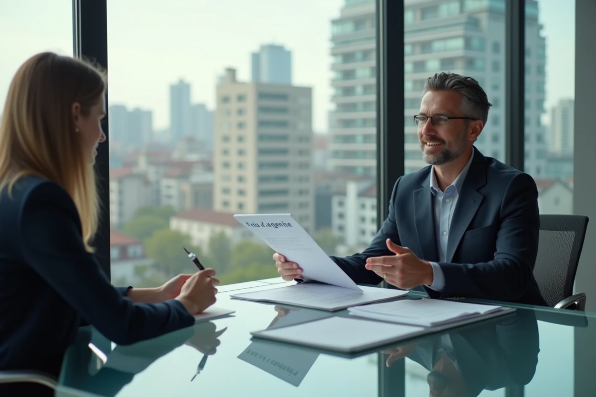 Agent immobilier présentant un dossier à un client dans un bureau moderne