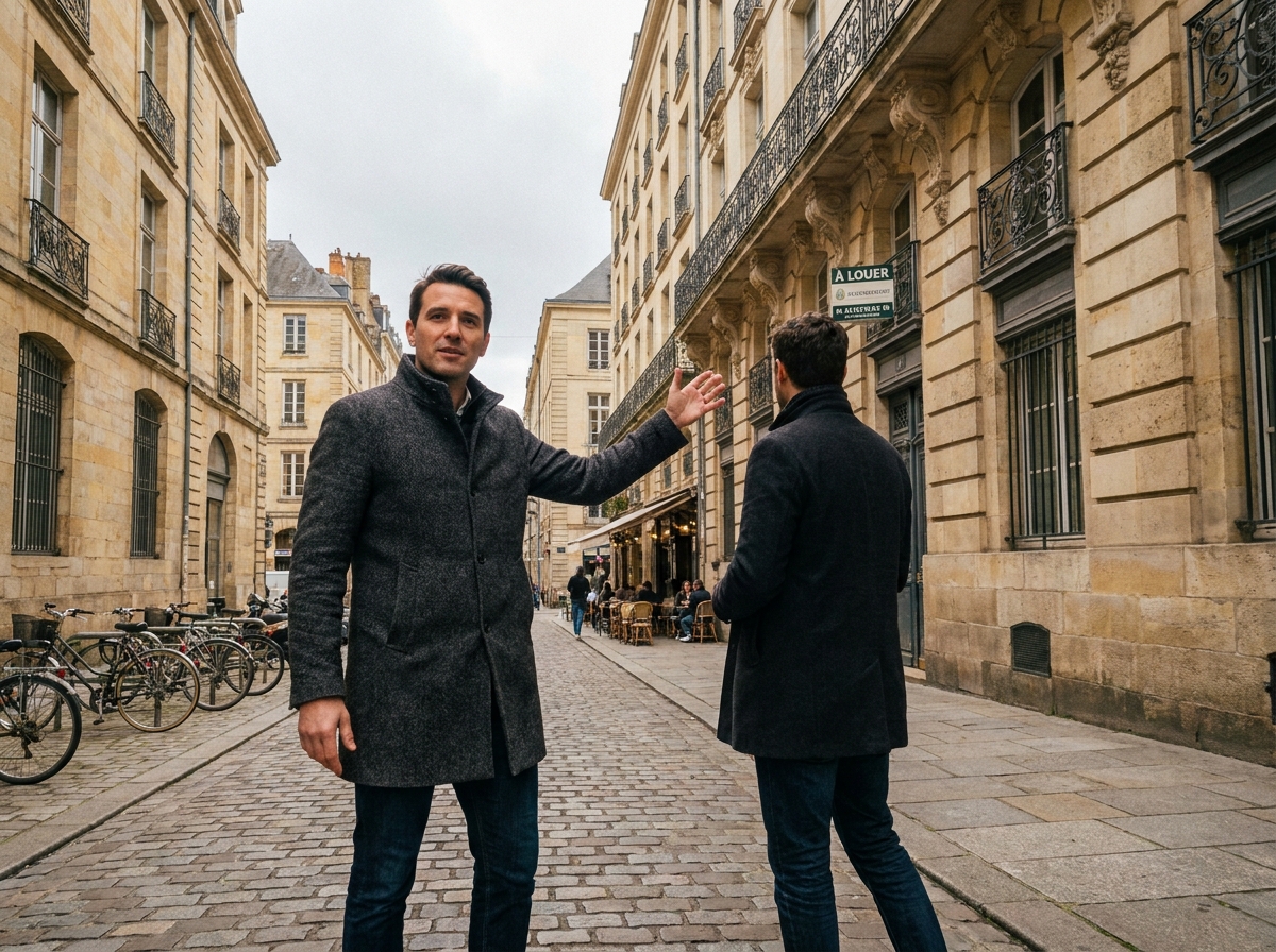 Agent immobilier devant un immeuble haussmannien à louer dans le quartier Bouffay à Nantes