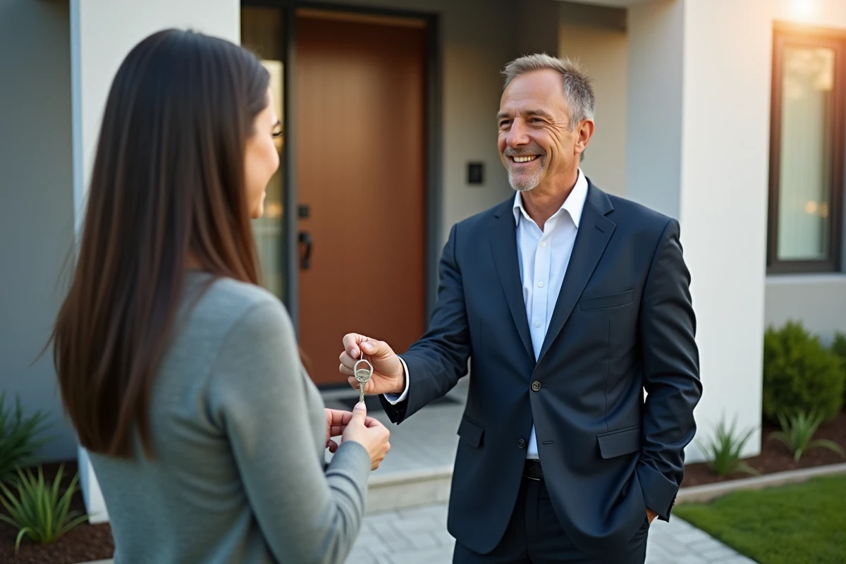 Agent immobilier donnant les clés à une jeune femme devant une maison