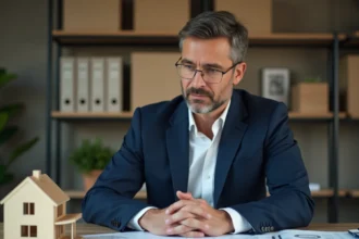 Agent immobilier analysant des documents de calcul de TVA et de marge immobilière dans un bureau professionnel