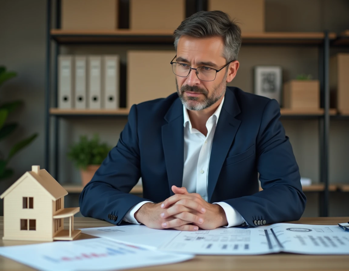 Agent immobilier analysant des documents de calcul de TVA et de marge immobilière dans un bureau professionnel