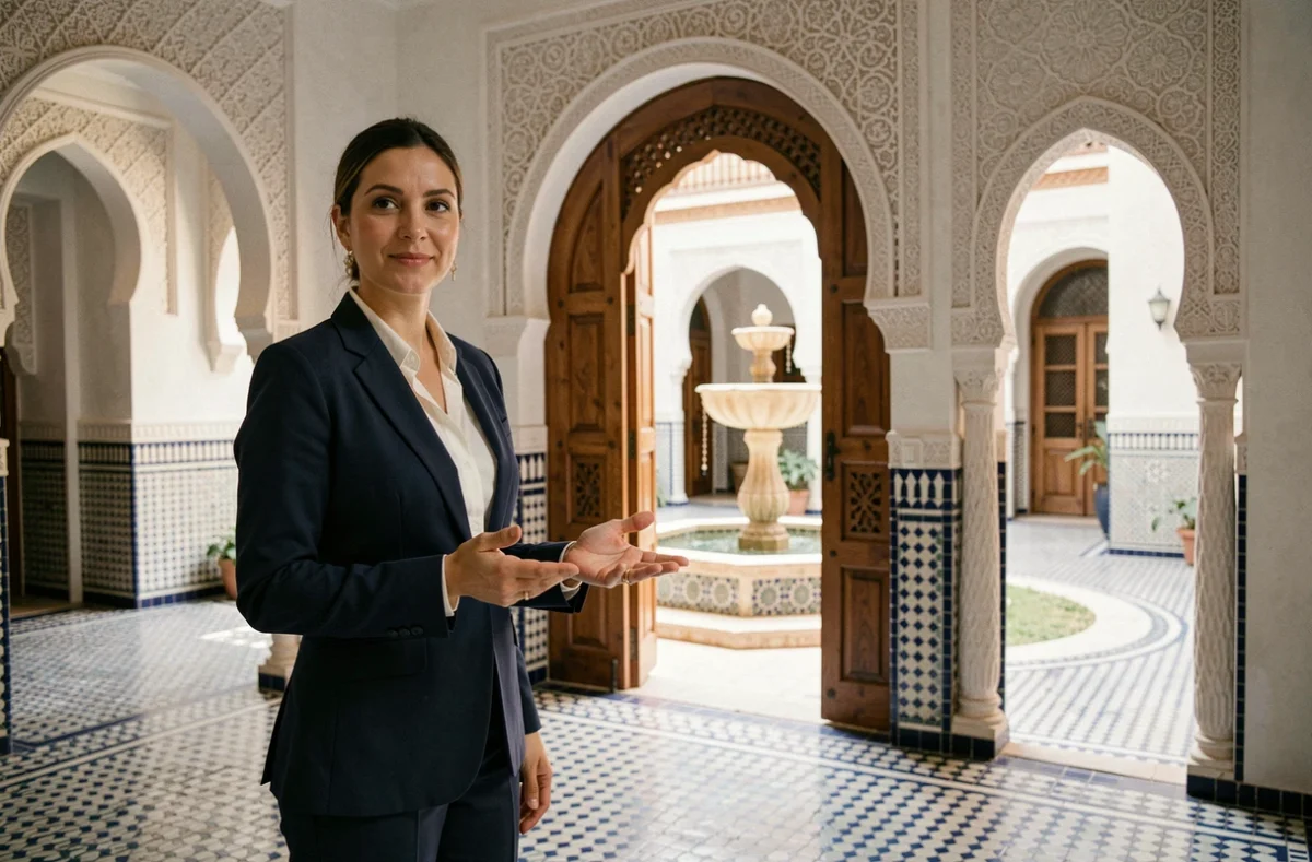 Agente immobilière présentant une villa à vendre à Marrakech avec architecture marocaine traditionnelle