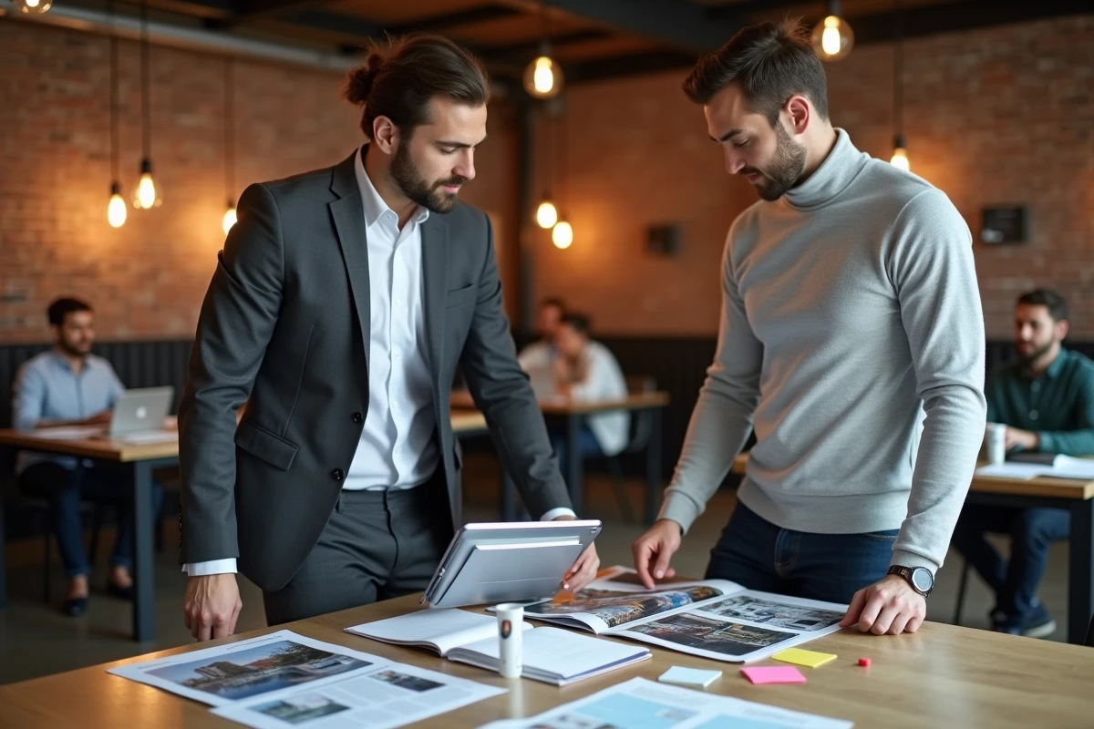 Deux agents immobiliers discutant d'une stratégie de communication intégrant Oh Magazine Immobilier dans un espace de coworking