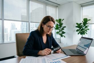 Femme cadre analysant les frais et le rendement locatif de SCPI sur des documents financiers dans un bureau moderne