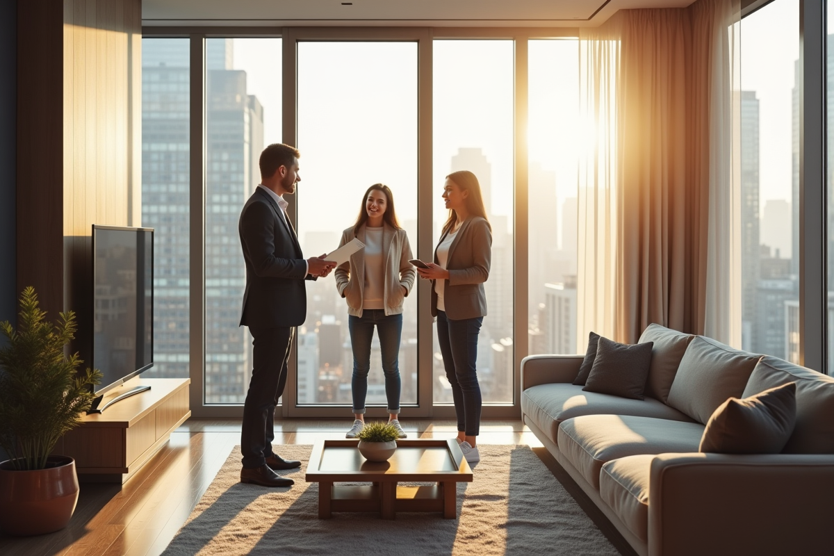 Agent immobilier montrant un appartement lumineux à un couple