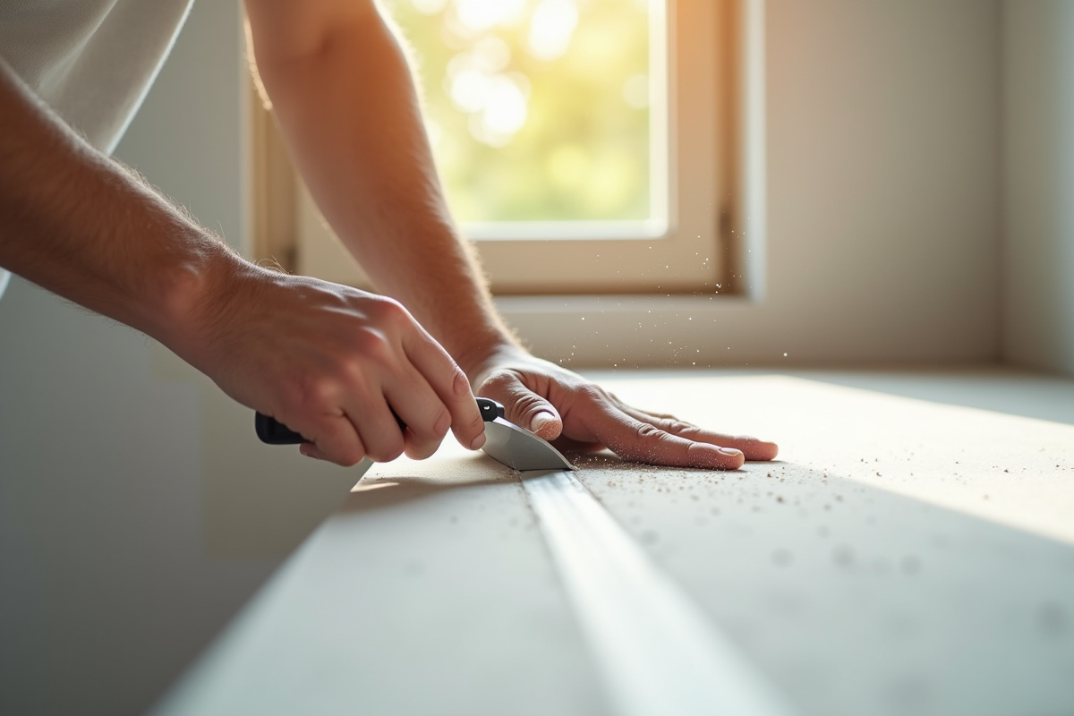 Mains d’un professionnel lissant une bande à joint avec couteau à enduire