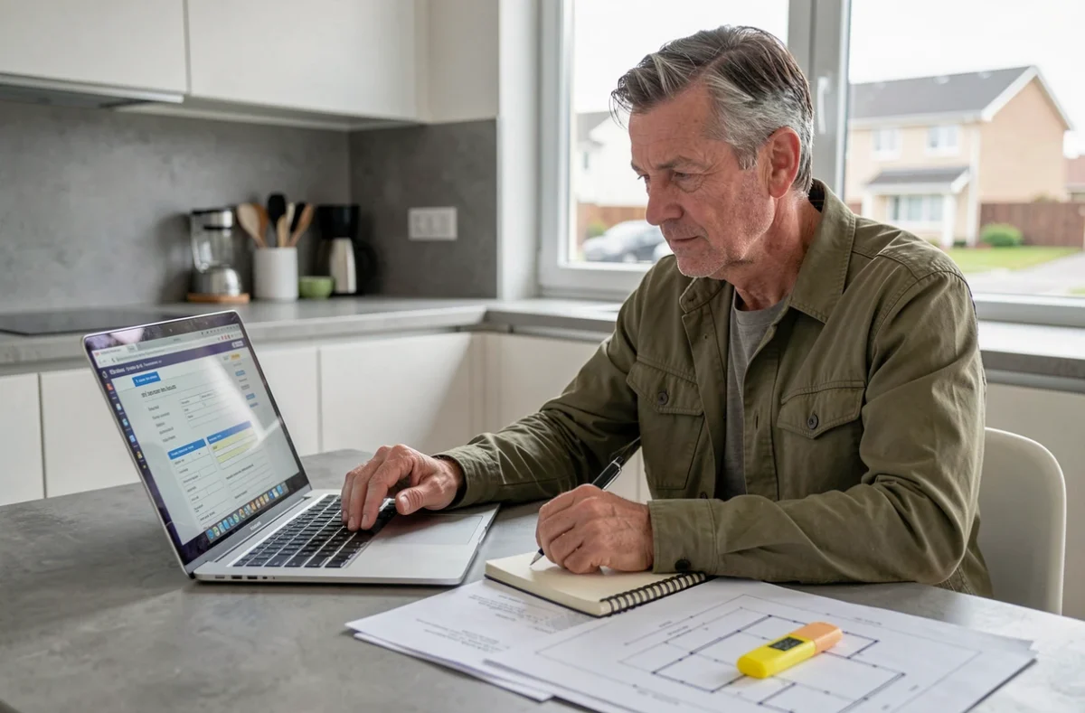 Architecte remplissant en ligne la déclaration d'achèvement des travaux sur ordinateur portable avec des plans de construction