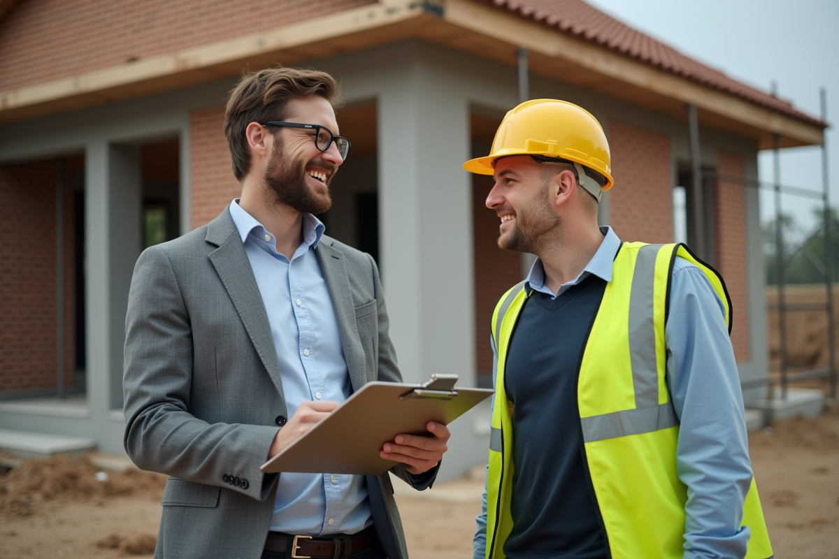 Jeune architect discutant avec ouvrier sur un chantier en extérieur