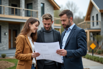 Architecte français examine plans avec couple devant maison moderne