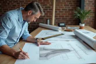 Architecte étudiant un plan de coupe de terrain en dénivelé sur une table à dessin en atelier