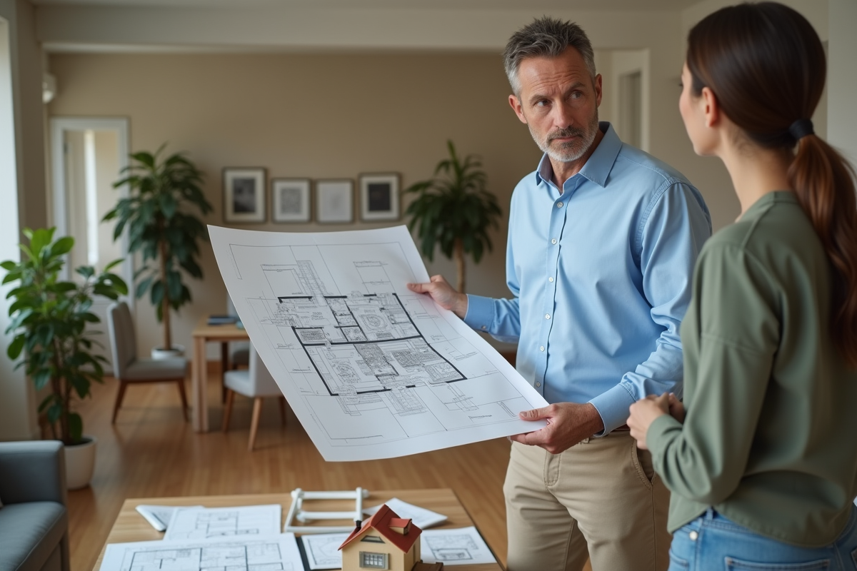 Architecte présentant des plans à un couple dans un salon résidentiel