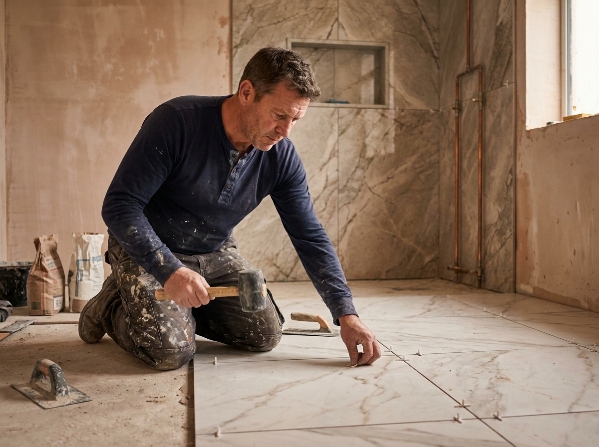 Artisan carreleur posant un dallage en pierre naturelle haut de gamme dans une salle de bain de maison de luxe en construction