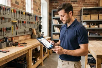 Artisan professionnel consultant son profil en ligne sur une tablette dans son atelier, illustrant comment attirer des clients sans démarchage