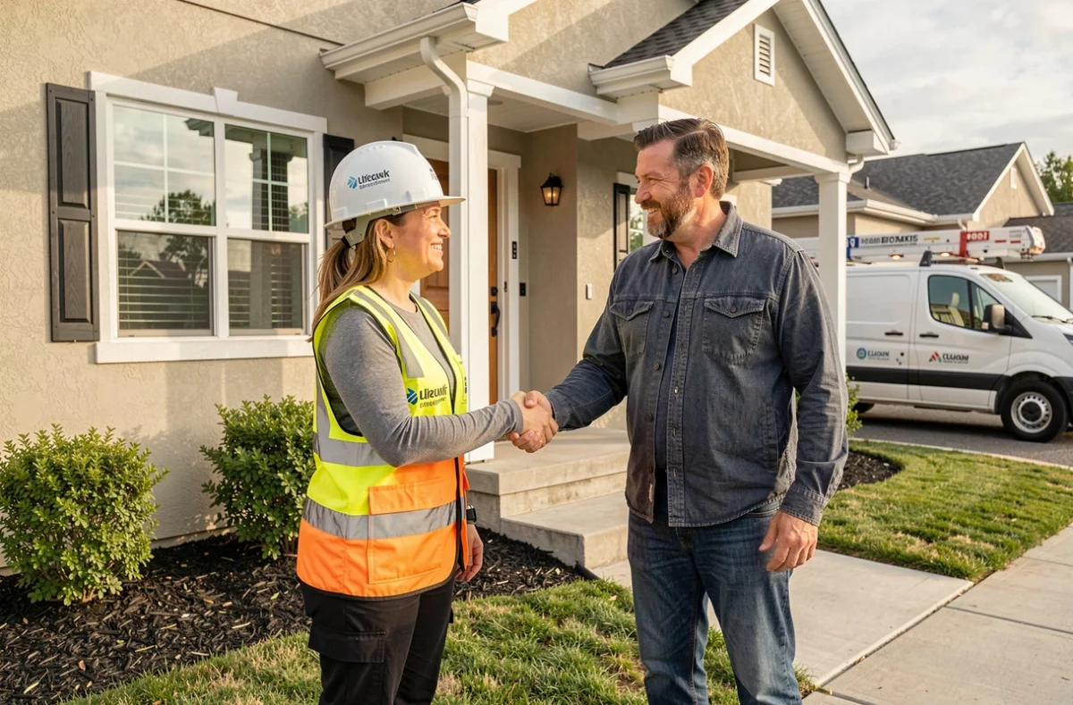Artisane du bâtiment serrant la main d'un client satisfait devant une maison rénovée, symbolisant la fidélisation client sans prospection active