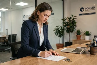 Femme agent immobilier vérifiant une attestation de remise de clé avant signature dans un bureau moderne
