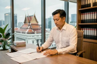 Avocat thaïlandais examinant des documents immobiliers dans un bureau juridique moderne à Bangkok pour l'achat d'une maison en Thaïlande via une société
