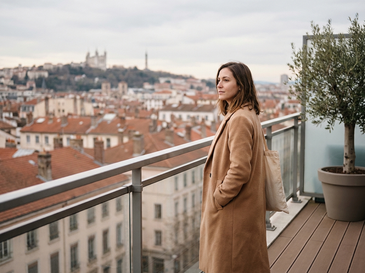 Jeune femme sur le balcon d'un appartement neuf à Lyon avec vue sur la ville et la basilique de Fourvière