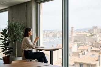 Femme travaillant dans un bureau moderne avec vue sur le Vieux-Port de Marseille