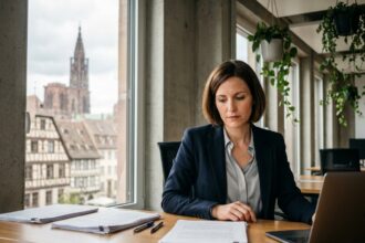 Femme professionnelle travaillant dans un bureau moderne à Strasbourg avec vue sur la cathédrale