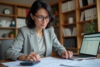 Femme consultant des documents d'indexation de loyer et une calculatrice sur un bureau de travail