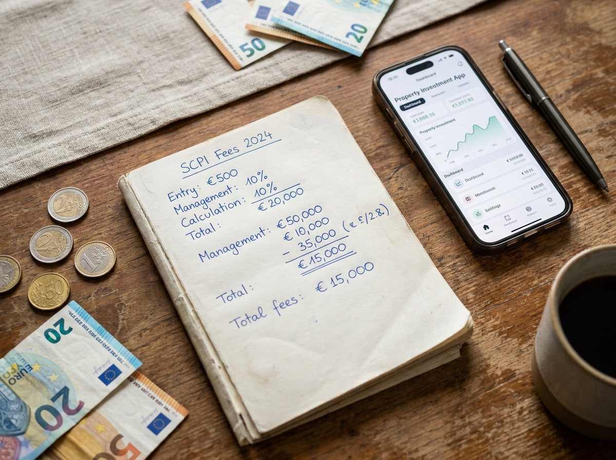 Vue aérienne d'un bureau avec des calculs manuscrits sur les frais SCPI, une application immobilière et des billets en euros