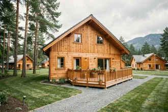 Chalet en bois à vendre dans un parc résidentiel de loisirs entouré de pins et d'une allée gravillonnée, vue extérieure grand angle idéale pour un investissement locatif en 2026
