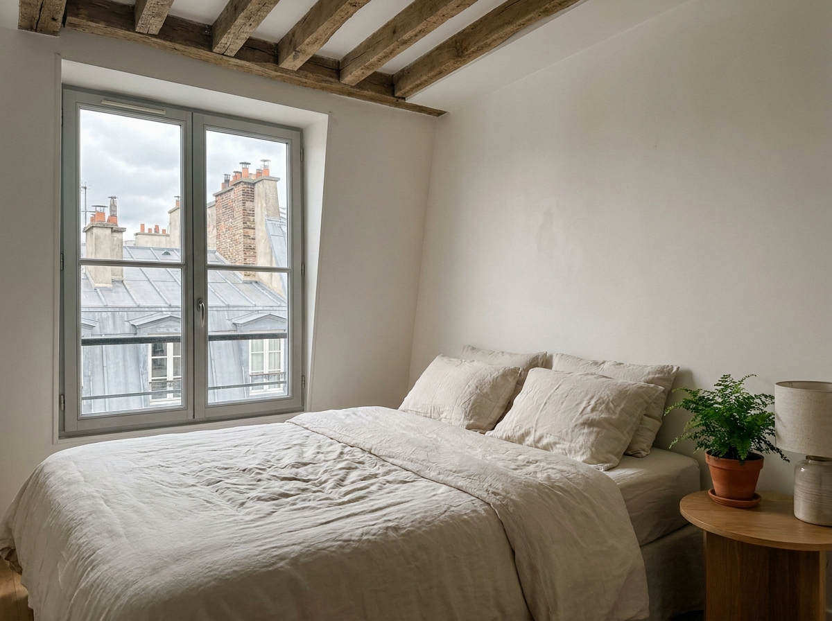 Chambre d'appartement Airbnb soigneusement aménagée avec vue sur les toits parisiens