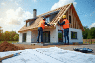Travailleurs posant la toiture d'une maison moderne en France