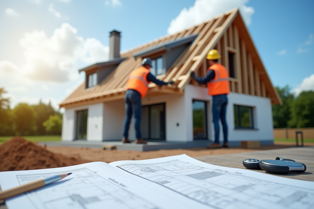 Travailleurs posant la toiture d'une maison moderne en France