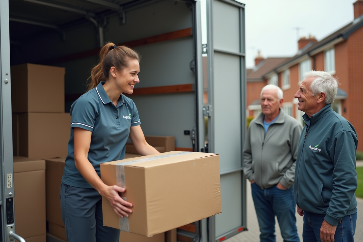 Jeune femme déménageuse chargeant des cartons dans une camionnette