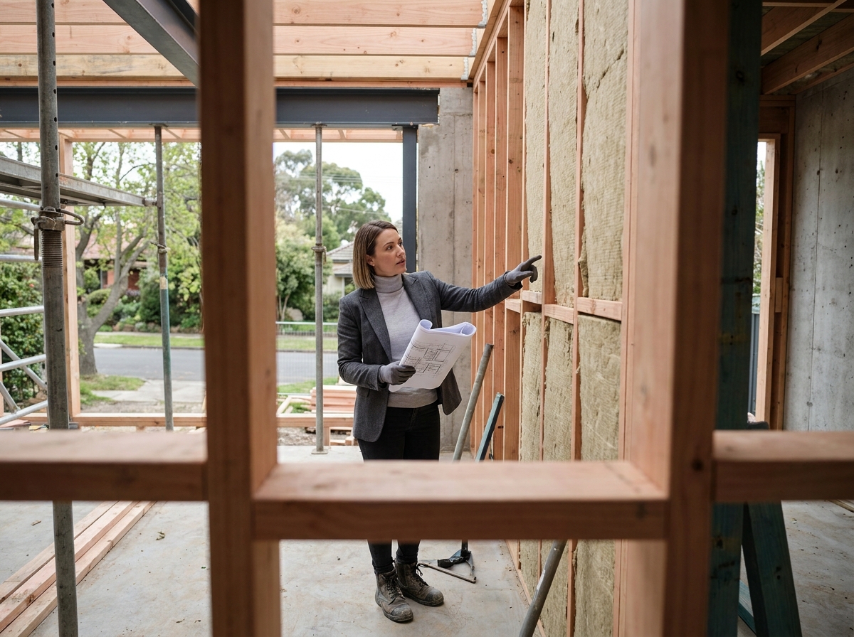 Cheffe de projet supervisant la construction d'une maison haut de gamme avec charpente bois de qualité et isolation premium