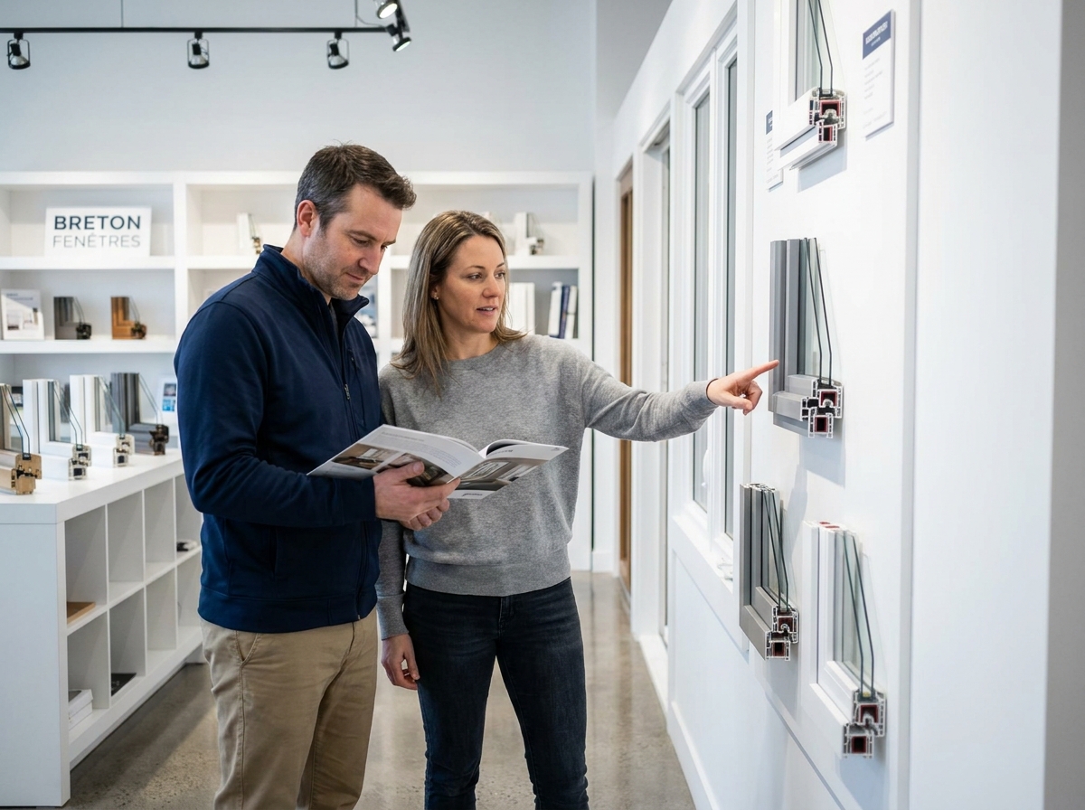 Couple choisissant des fenêtres en PVC dans un showroom de menuiseries à Rennes pour leur projet de rénovation