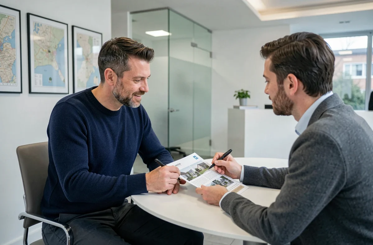 Homme et agent immobilier analysant ensemble une brochure de présentation d'appartement dans une agence immobilière moderne