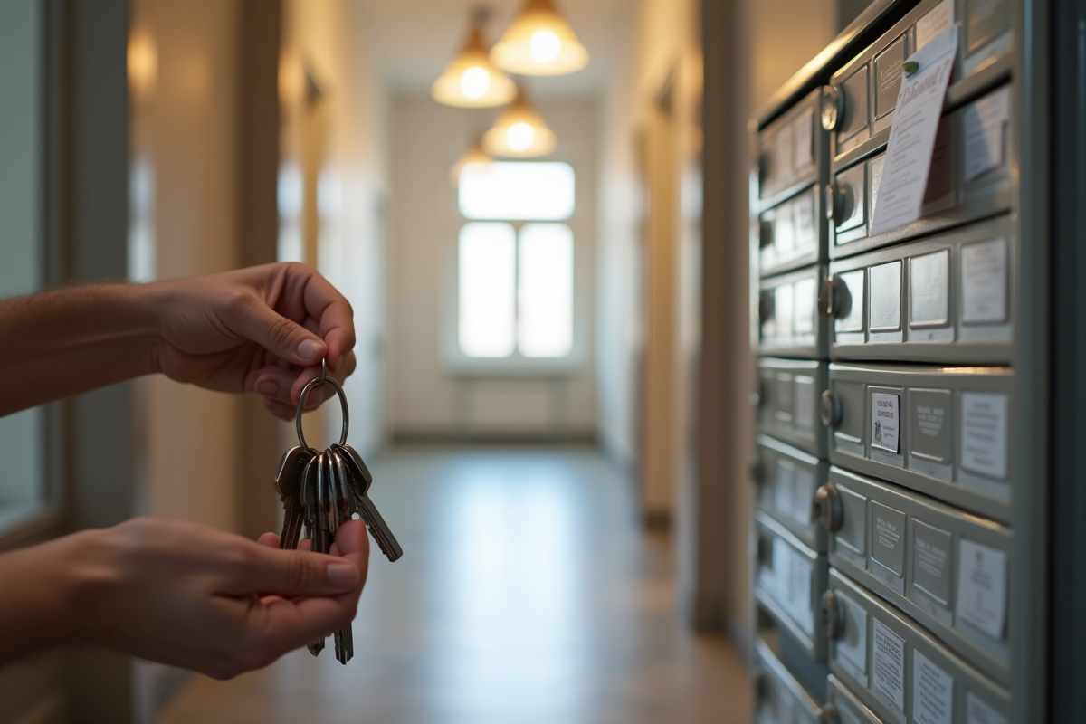 Main tenant des clés devant une boîte aux lettres moderne dans un hall