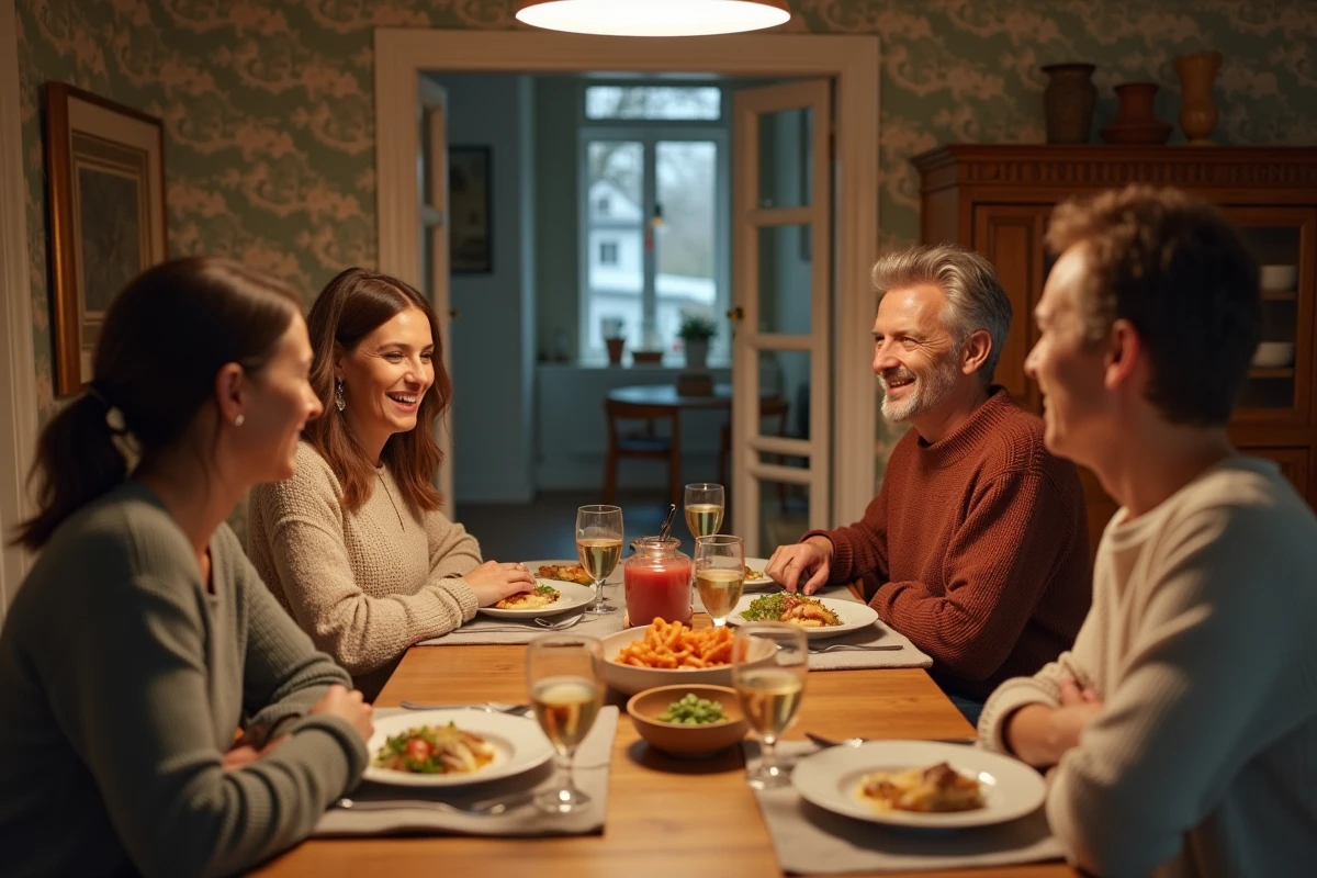 Colocataires adultes partageant un repas dans une maison louée avec jardin dans le Nord