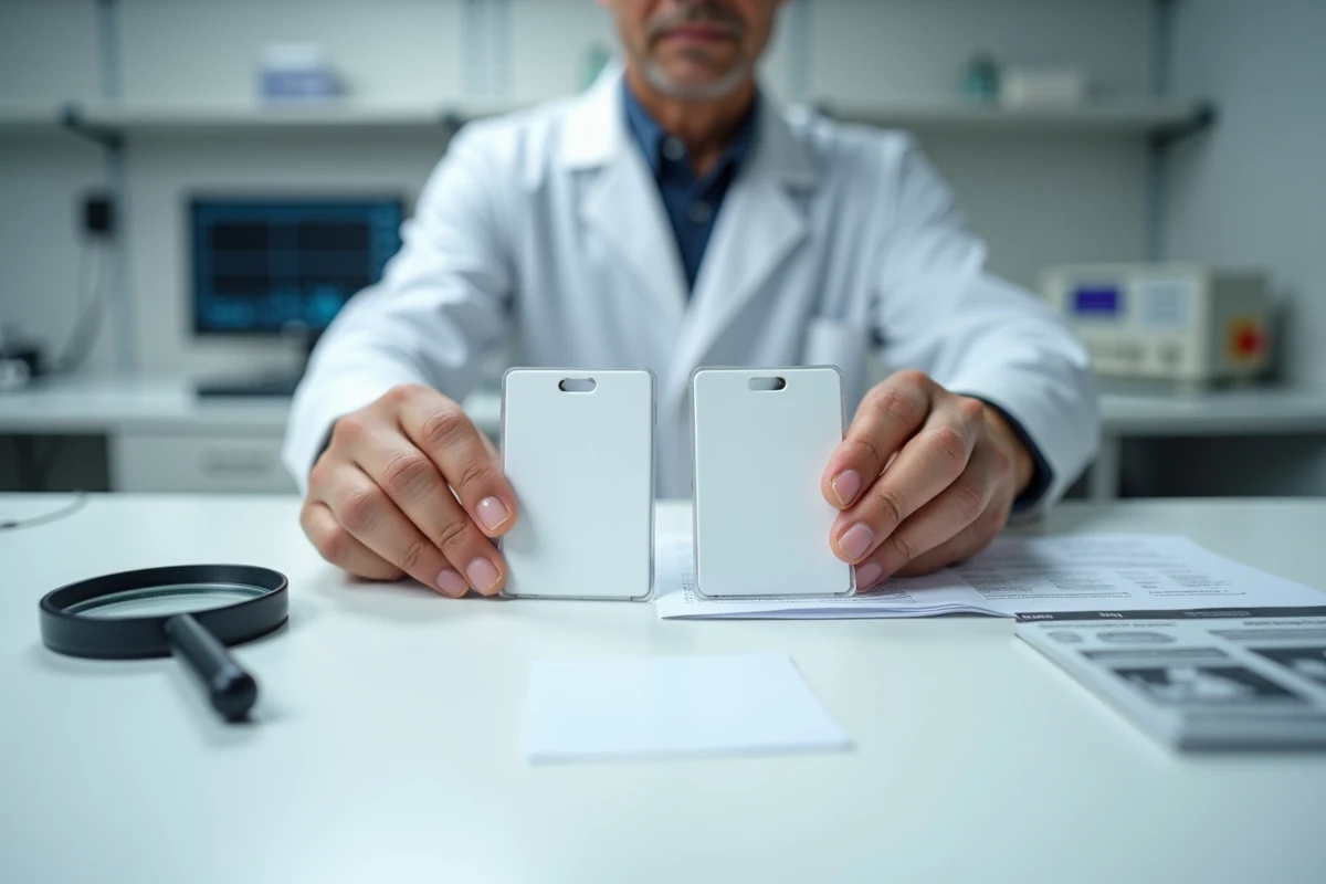 Comparaison de deux badges de contrôle d'accès similaires sur un établi de laboratoire électronique professionnel