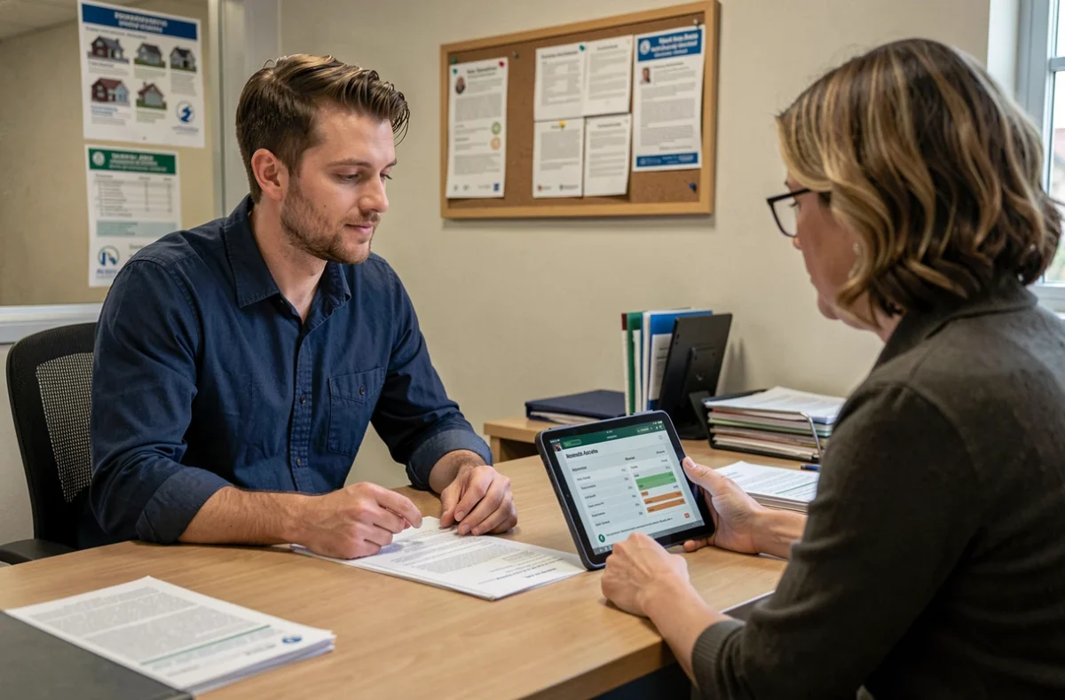 Homme en rendez-vous avec un conseiller logement pour simuler une aide au paiement de sa caution locative