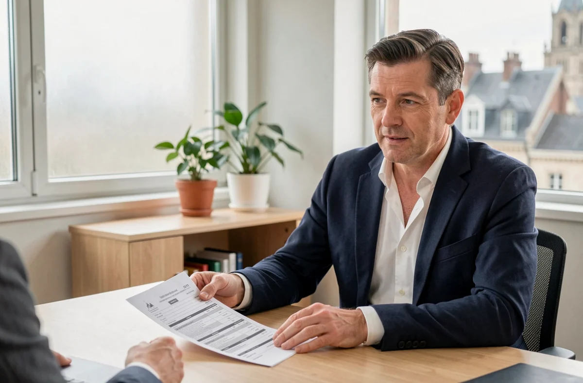 Conseiller en assurance habitation expliquant un contrat à un client dans un bureau à Chartres