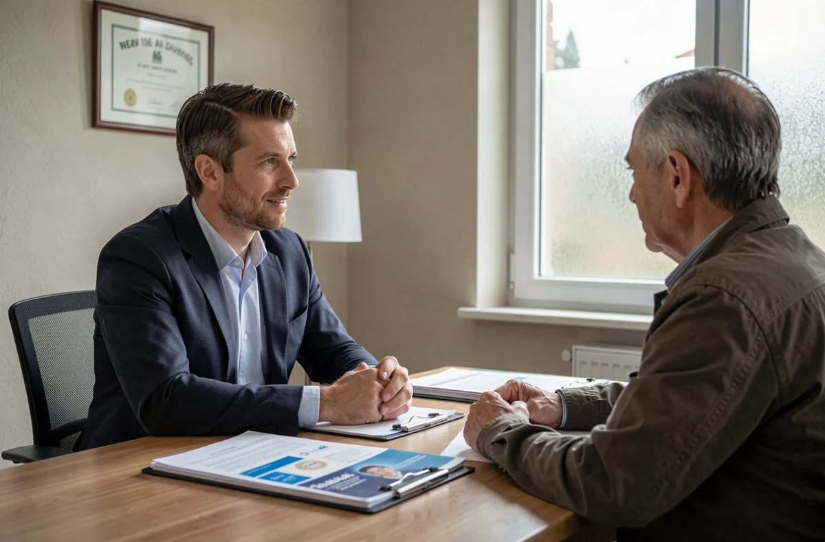 Conseiller en assurance habitation expliquant les tarifs multirisque à un client dans une agence française