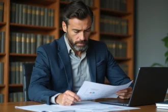 Conseiller immobilier analysant des documents fiscaux liés à la loi Scellier intermédiaire dans un bureau professionnel