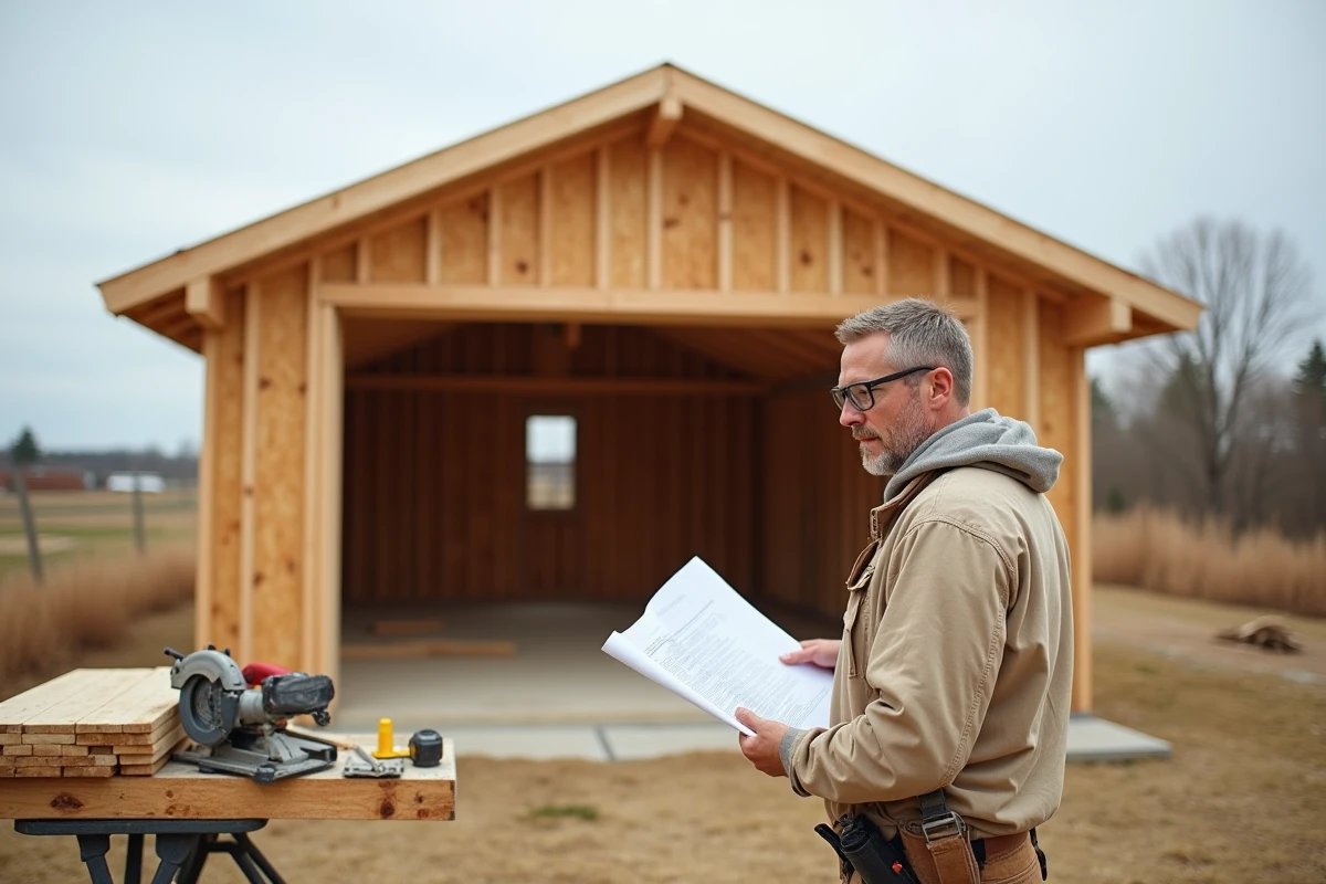Charpentier examinant des plans devant un garage en bois en cours de construction avec ossature bois apparente