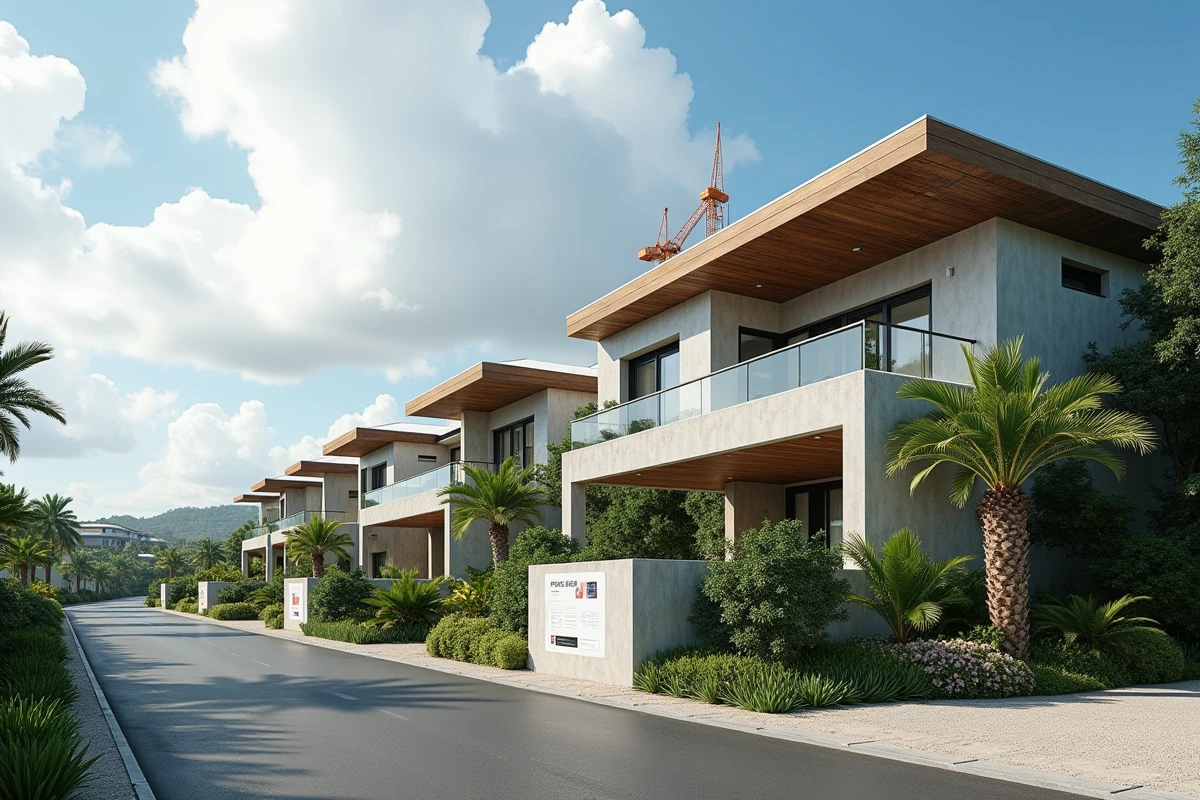Résidences de luxe en construction à l'île Maurice avec panneau immobilier à vendre et grues visibles